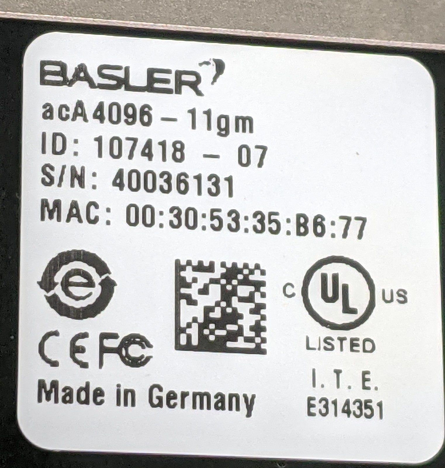 Basler acA4096-11gm 8.9MP Mono GIGE POE Machine Vision Camera C-Mount