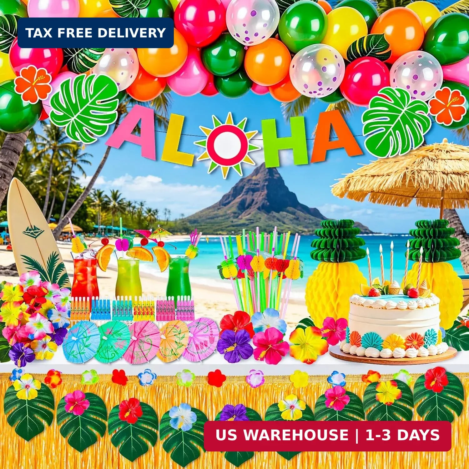 200 Pcs Aloha Luau Party Decorations Set, Hawaiian Tropical Summer Beach Party S