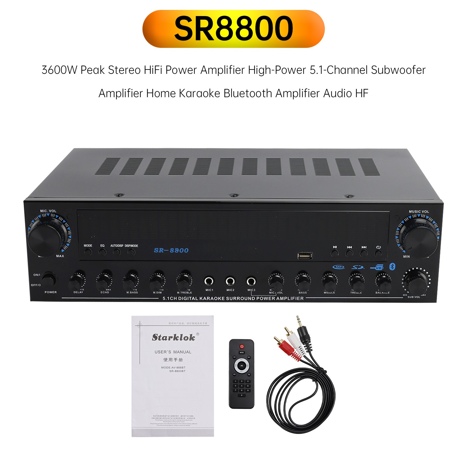 3600W Peak Stereo HiFi Power Bluetooth Amplifier High-Power 5.1 Subwoofer Home
