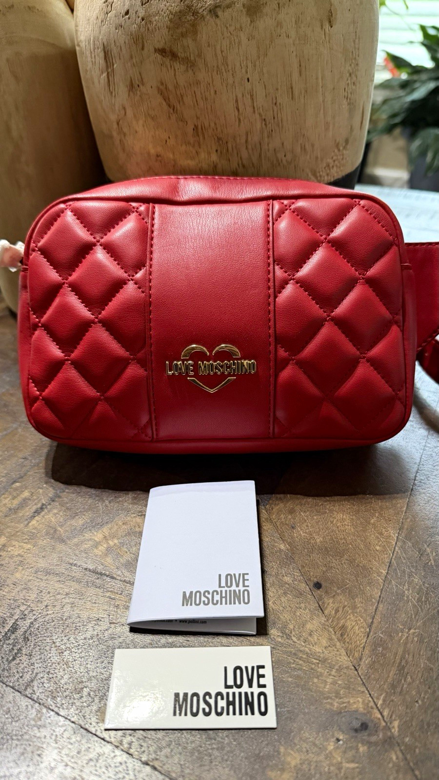 NWOTLove Moschino Red Quilted Belt Bag Fanny Pack Gold Logo Zip Lined Brand CarD