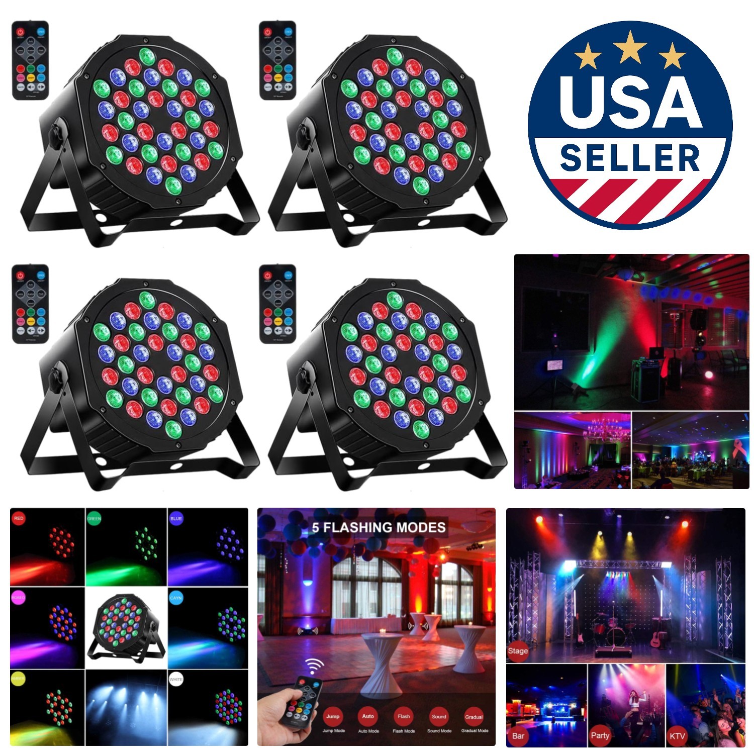 4-Pack RGB LED Stage Lights - Sound Activated, Ideal for KTV and Disco Parties