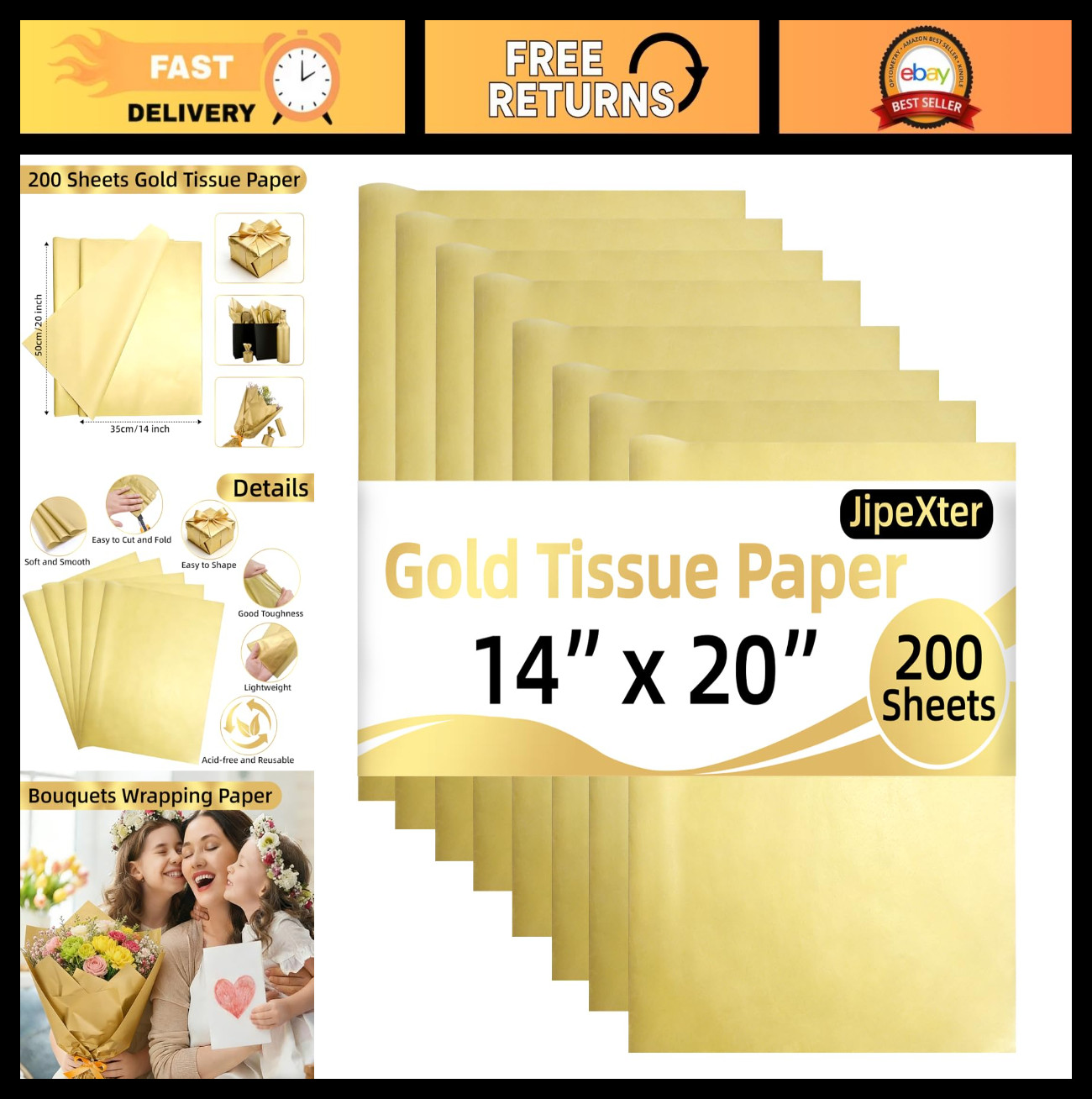 200 Sheets Gold Tissue Paper 14x20" - Gift Wrapping, DIY Crafts, Party Supplies