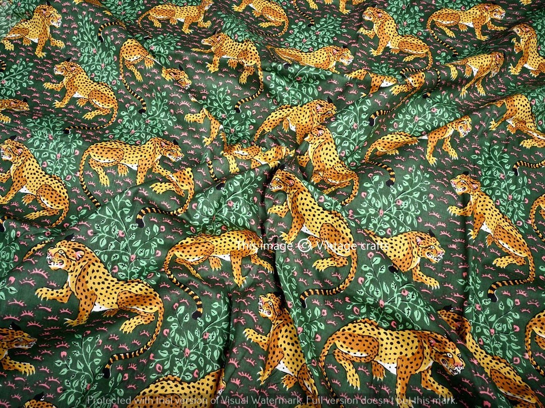 Pure Cotton 5 Yard Animal Tiger Print Indian Fabric Running Hand Block Printed