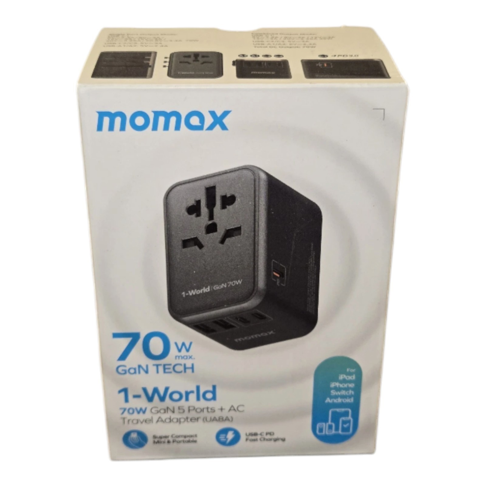 Momax 1-World 70w GaN Universal Travel UK EU AU US Multi Plug Adapter - Black