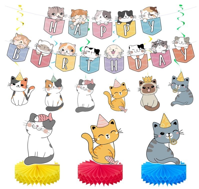 16 Pcs Cat Theme Birthday Party Decorations Party Supplies Kit, Includes Cat Par