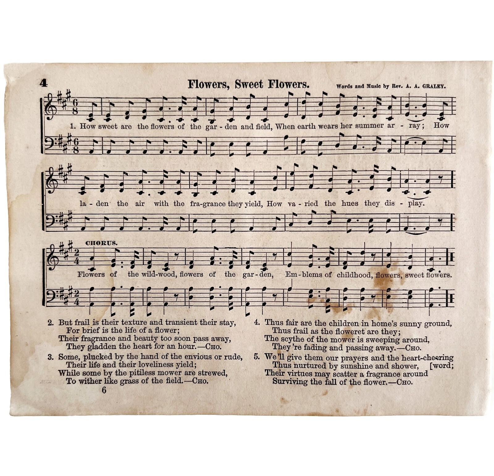 1865 Flowers Sweet Flowers Victorian Sheet Music Small Page Happy Voices PCBG15B