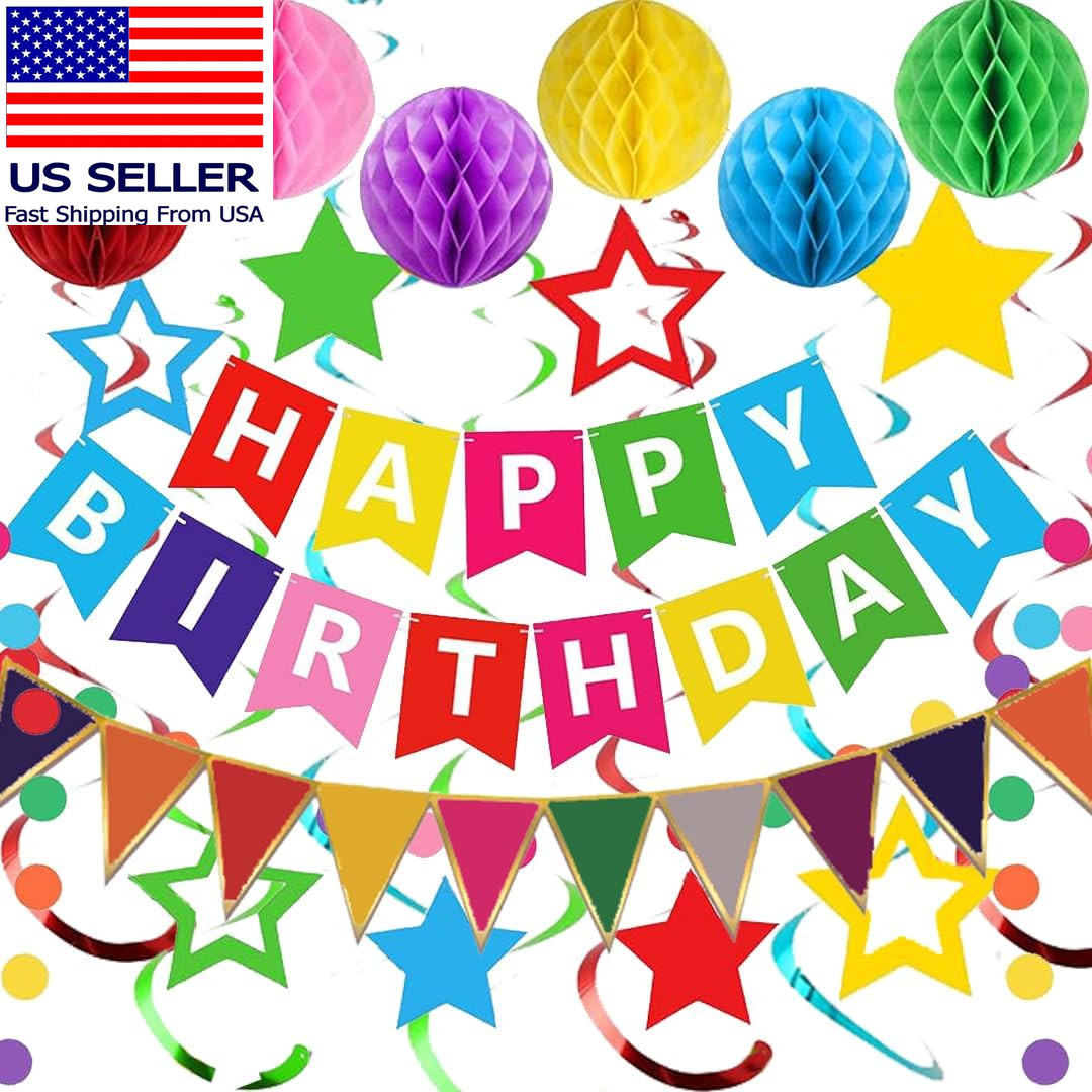 Colorful Birthday Decorations, Happy Birthday Banner with Honeycomb Balls, Stars
