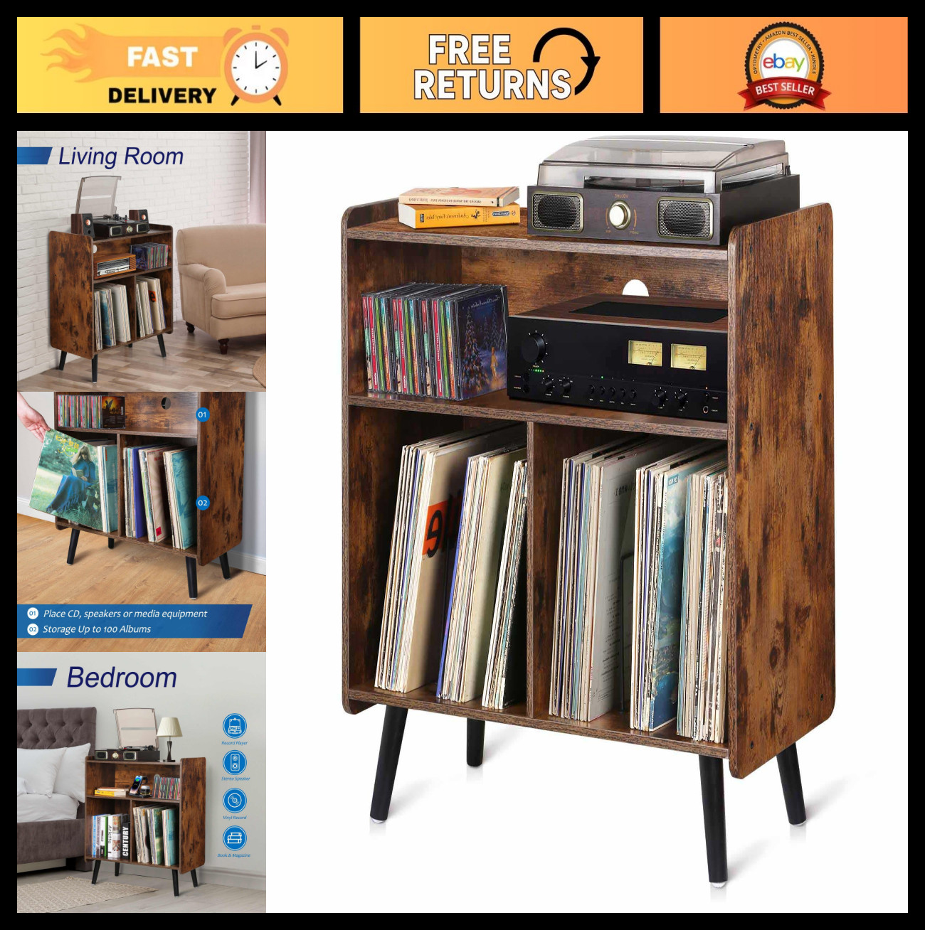 Vintage 3-Tier Vinyl Record Player Stand - Mid-Century Album Storage Cabinet, Ru