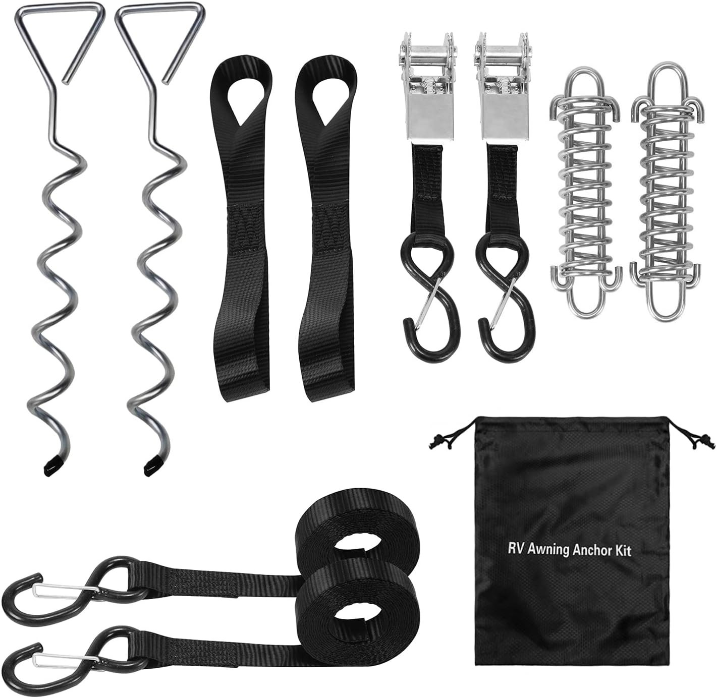 RV/Camper Awning Tie Down Anchor Kit, Includes Ratchet Strap and Buffer Tension