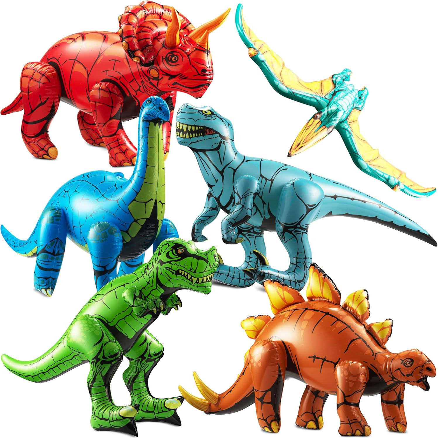 6-Pcs Inflatable Dinosaur Birthday Party Decorations - Large Blow-Up Dino Toys f