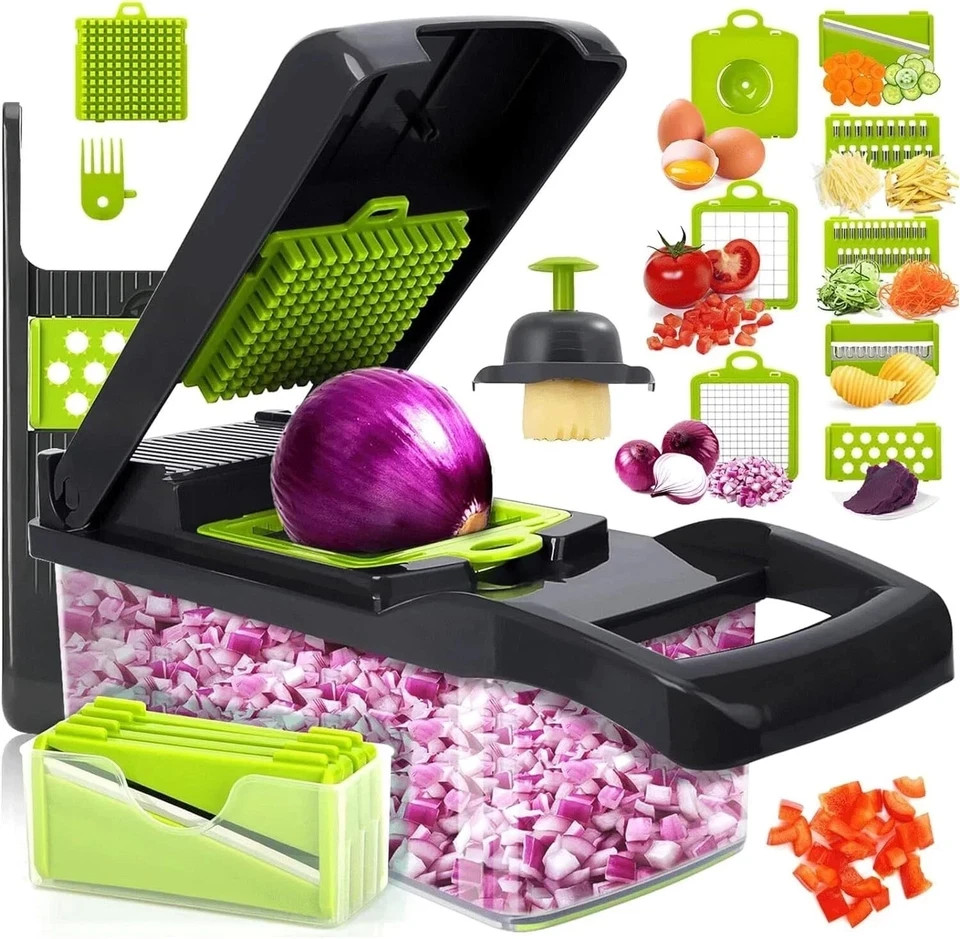 14-in-1 Vegetable Chopper Slicer Dicer | Manual Food Processor Meal Prep Basin