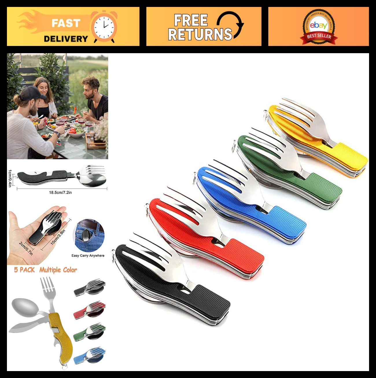 5 Pack Portable Stainless Steel Camping Utensils - 4-in-1 Cutlery Set with Fork