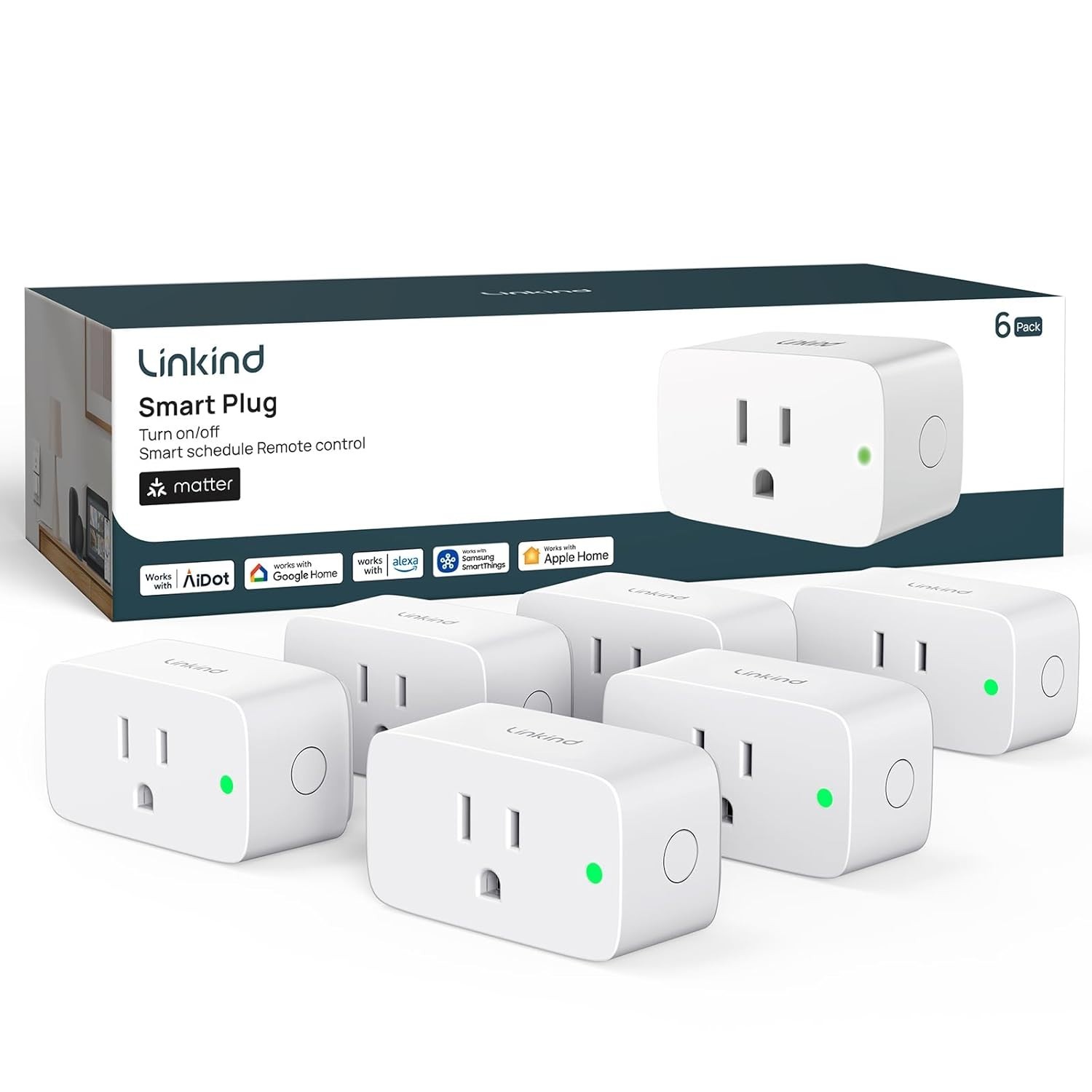 Linkind Matter Smart WiFi Plug Home Outlet 6 Pack White Apple Siri Alexa Google