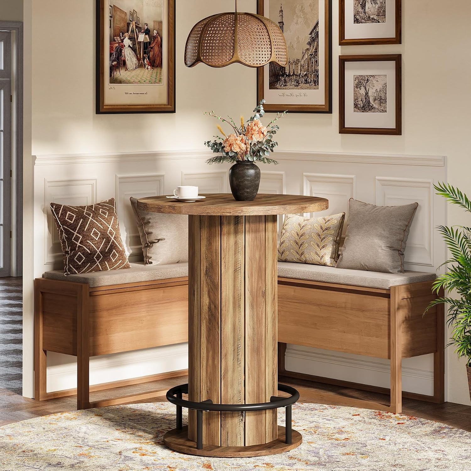 Round Dining Table, Bar Height Commercial Kitchen Table with Wood Strip Base and