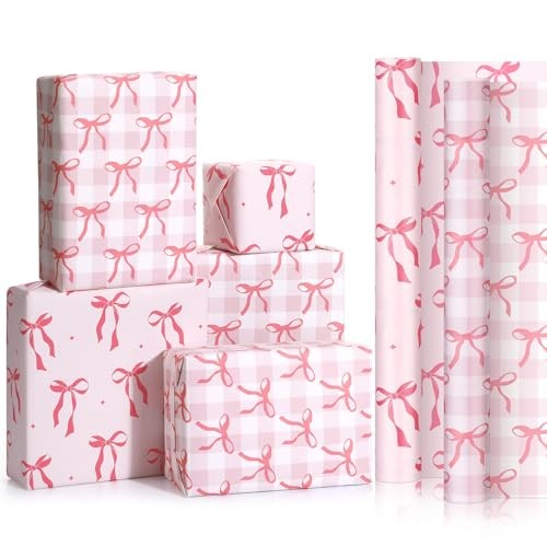 2 Pack Pink Bow Kraft Wrapping Paper Roll 17x16.5 Ft Each Gift Valentine's Birth