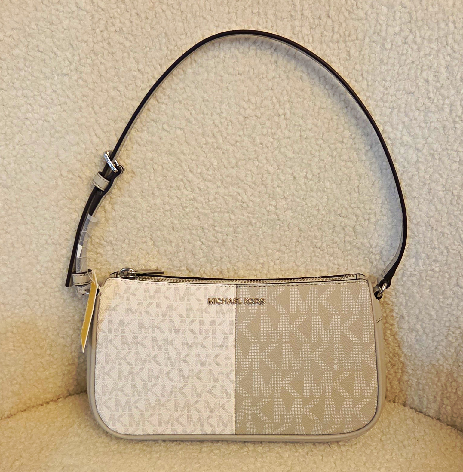 Michael Kors Logo Monogram Zip Shoulder Bag White/Ivory Rectangle, Silver