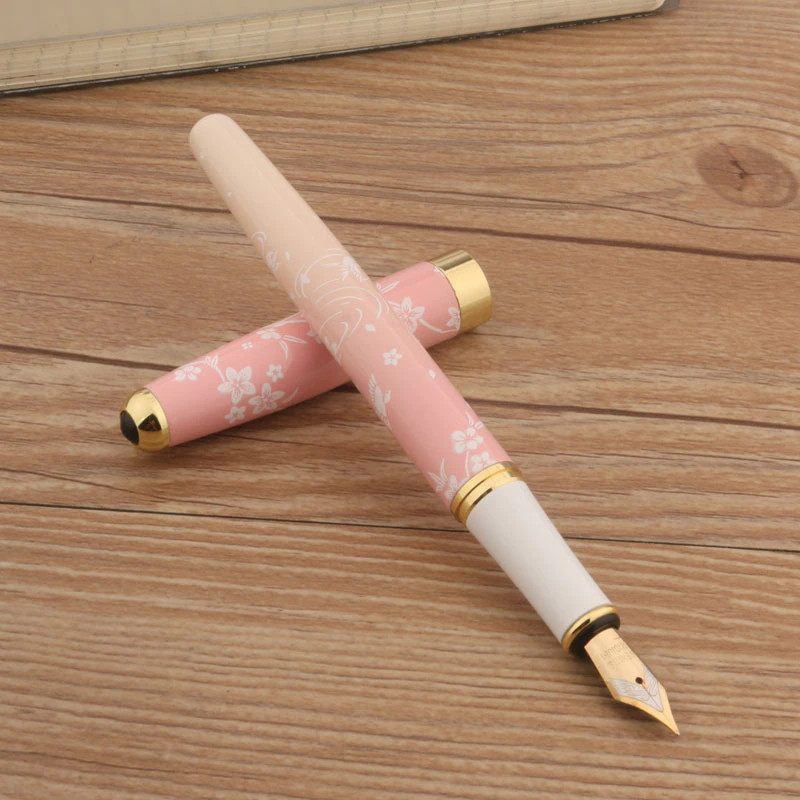 Baoer 83 Metal Fountain Pen & Converter, Pink Spring Blossoms, Fine Point Nib