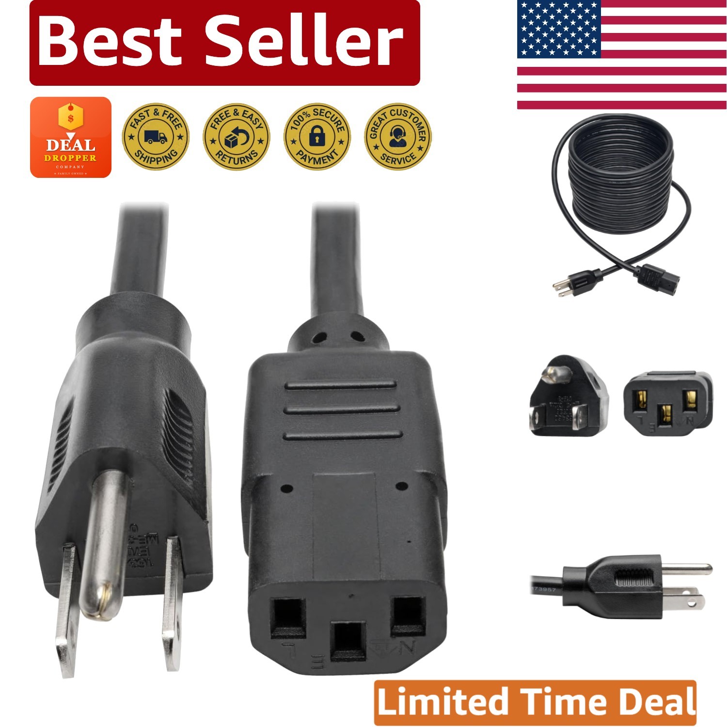Heavy-Duty 20ft Power Cord NEMA 5-15P to IEC-320-C13 for Computers & Peripherals