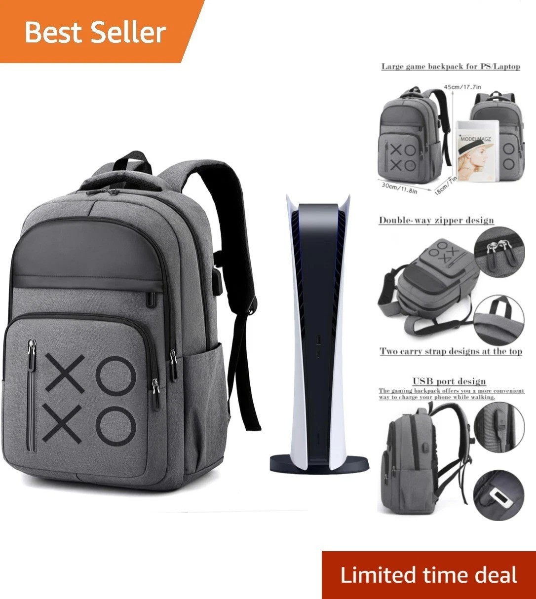 Luxury Backpack for PS4/PS5 - Adjustable & Durable with USB Charging, Grey