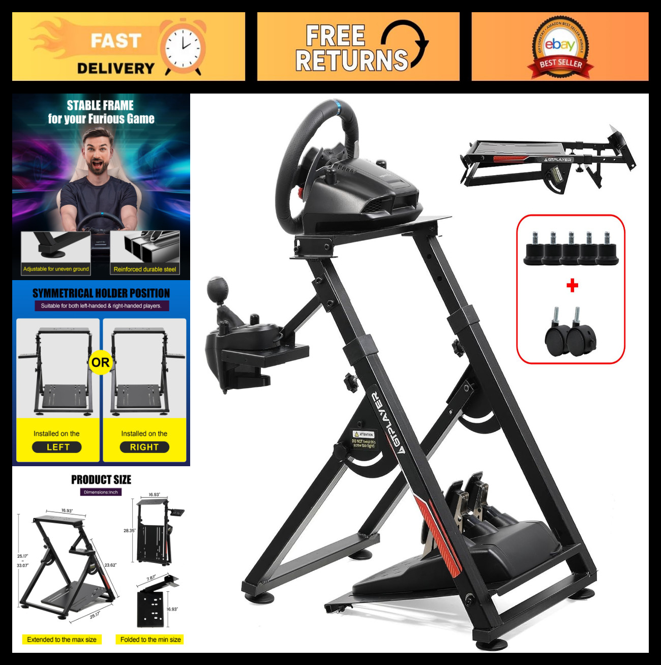 Adjustable Sim Racing Wheel Stand Cockpit for Logitech & Thrustmaster - Black
