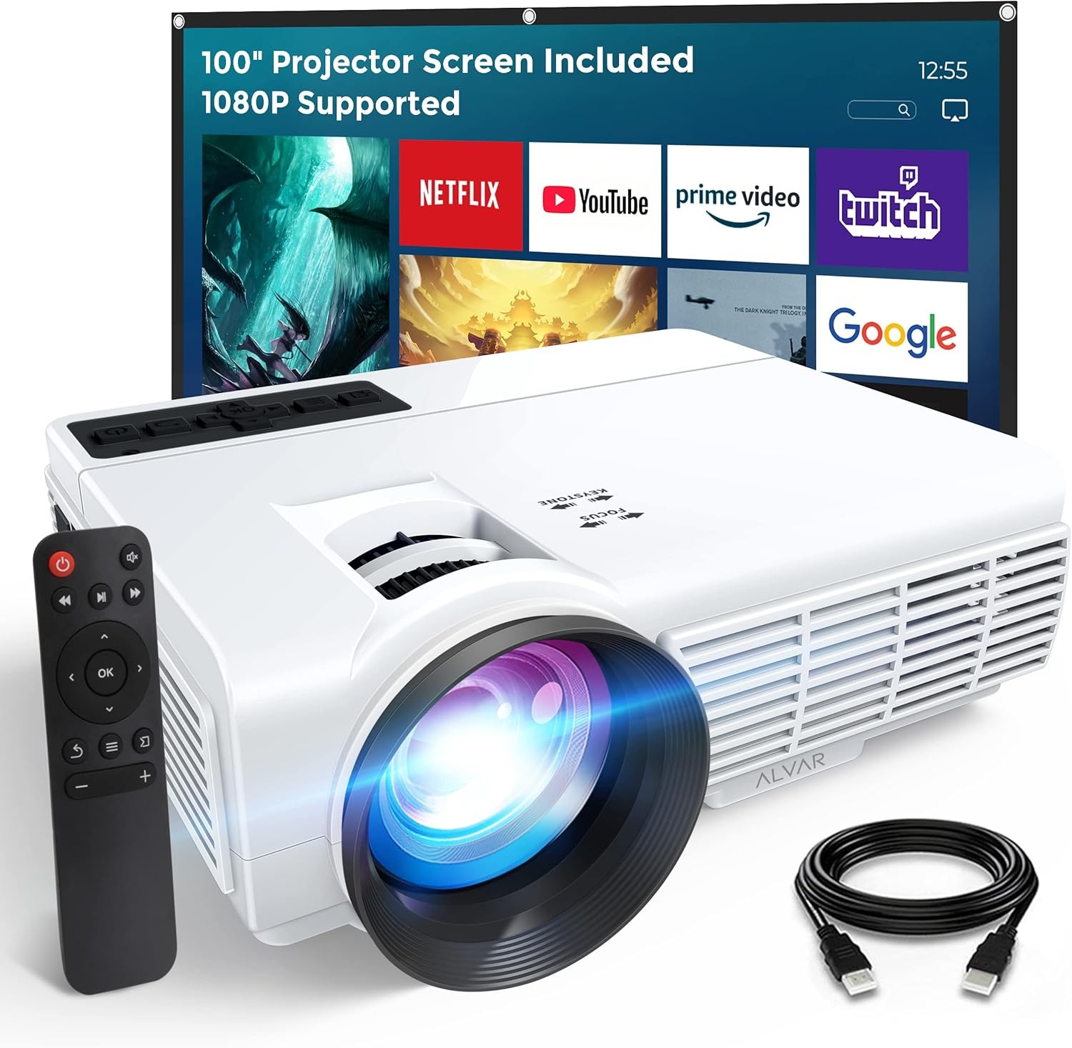 1080P HD Bluetooth Video Projector 8000Lumens Movie Home Theater w/ 100'' Screen