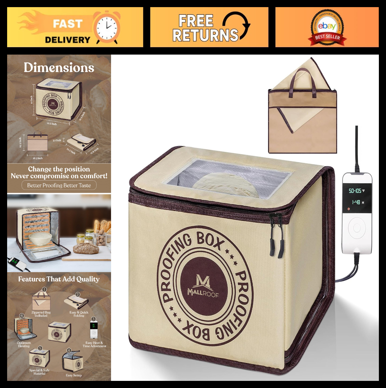 Bread Proofing Box - Dough Fermentation Container with Temp Control & Carry Bag