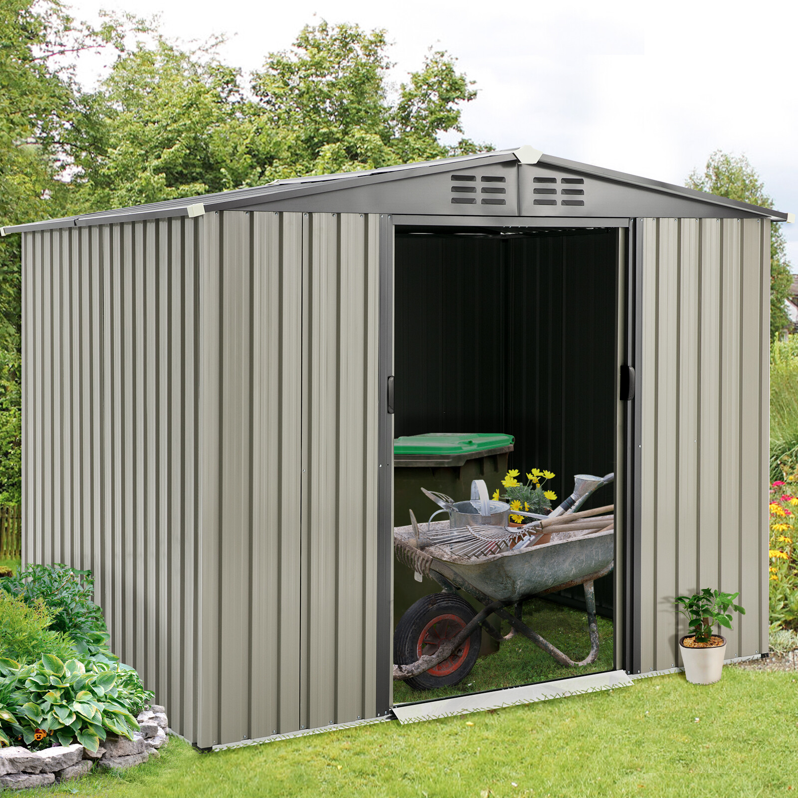 Outdoor Storage Shed Small Tool Shed w/ Sliding Door Storage Cabinet for Garden