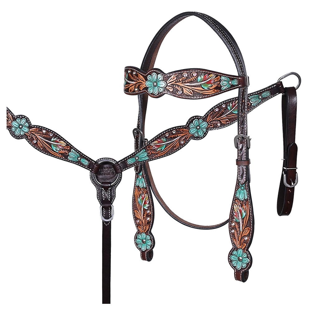 Western Headstall and Breast Collar Set HILASON Tooled Leather Horse Bridle Tack