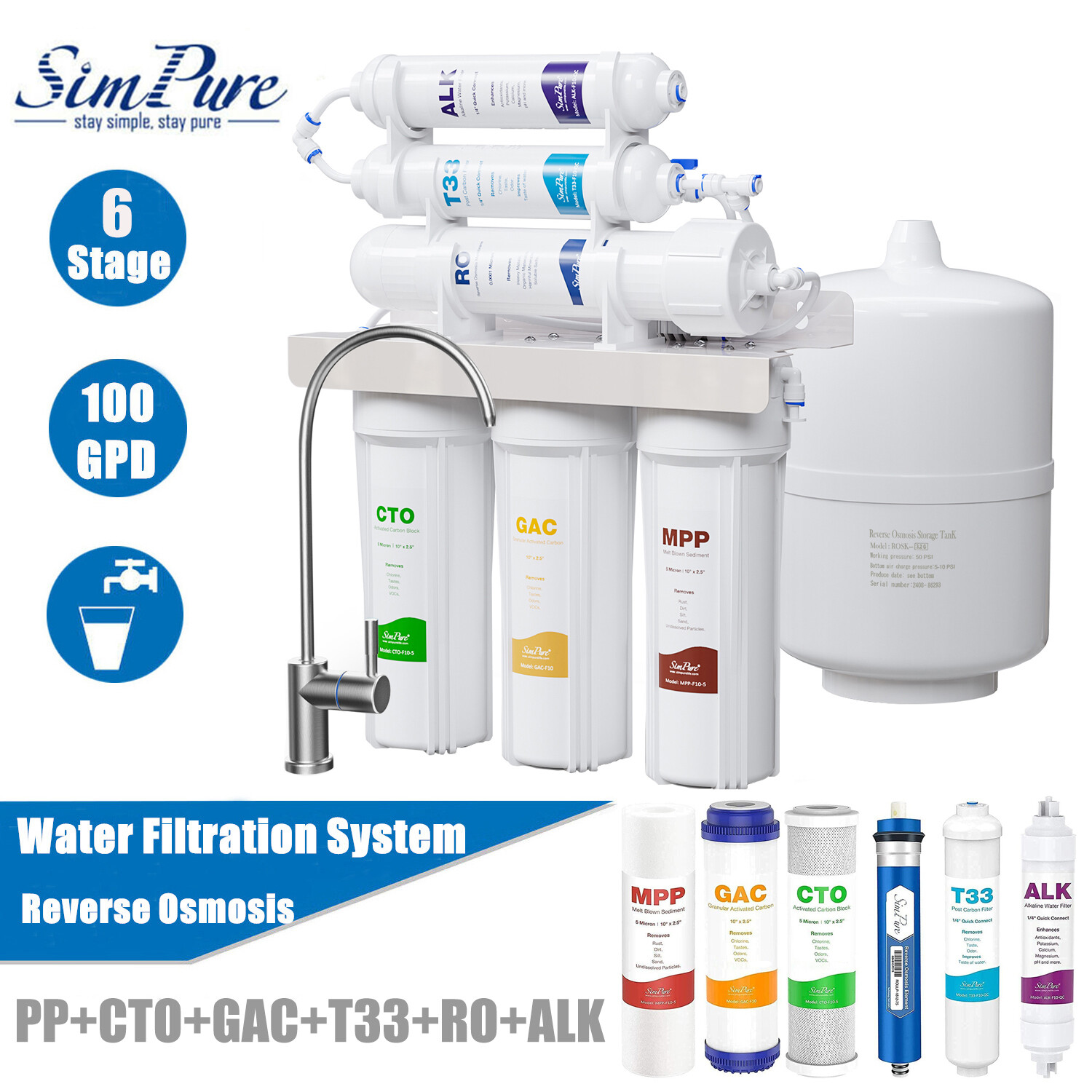100 GPD 6 Stage Alkaline Reverse Osmosis Drinking Water Filter System Purifier