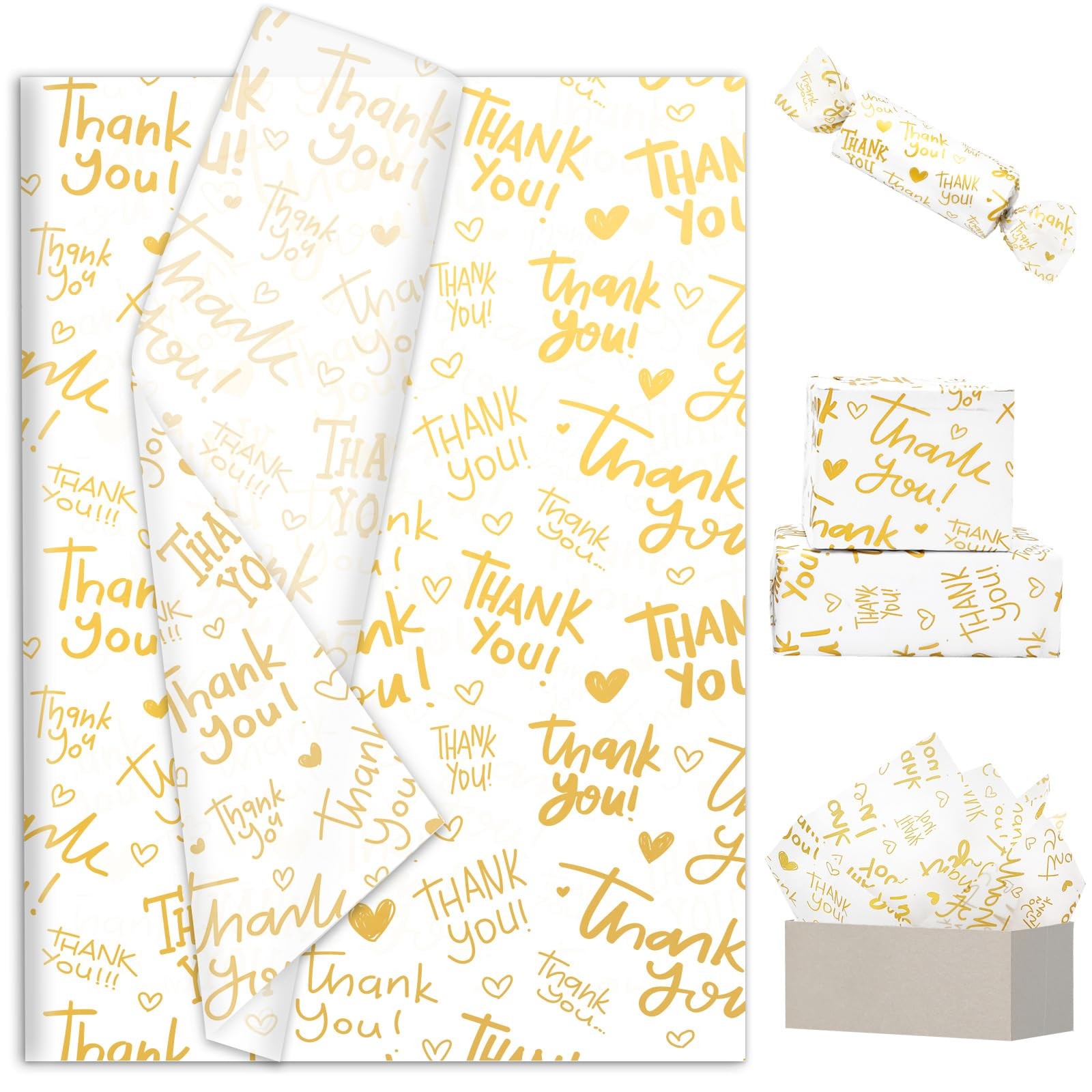 100 Sheets Thank You Tissue Paper Gold Gift Wrapping Paper for DIY Arts Craft