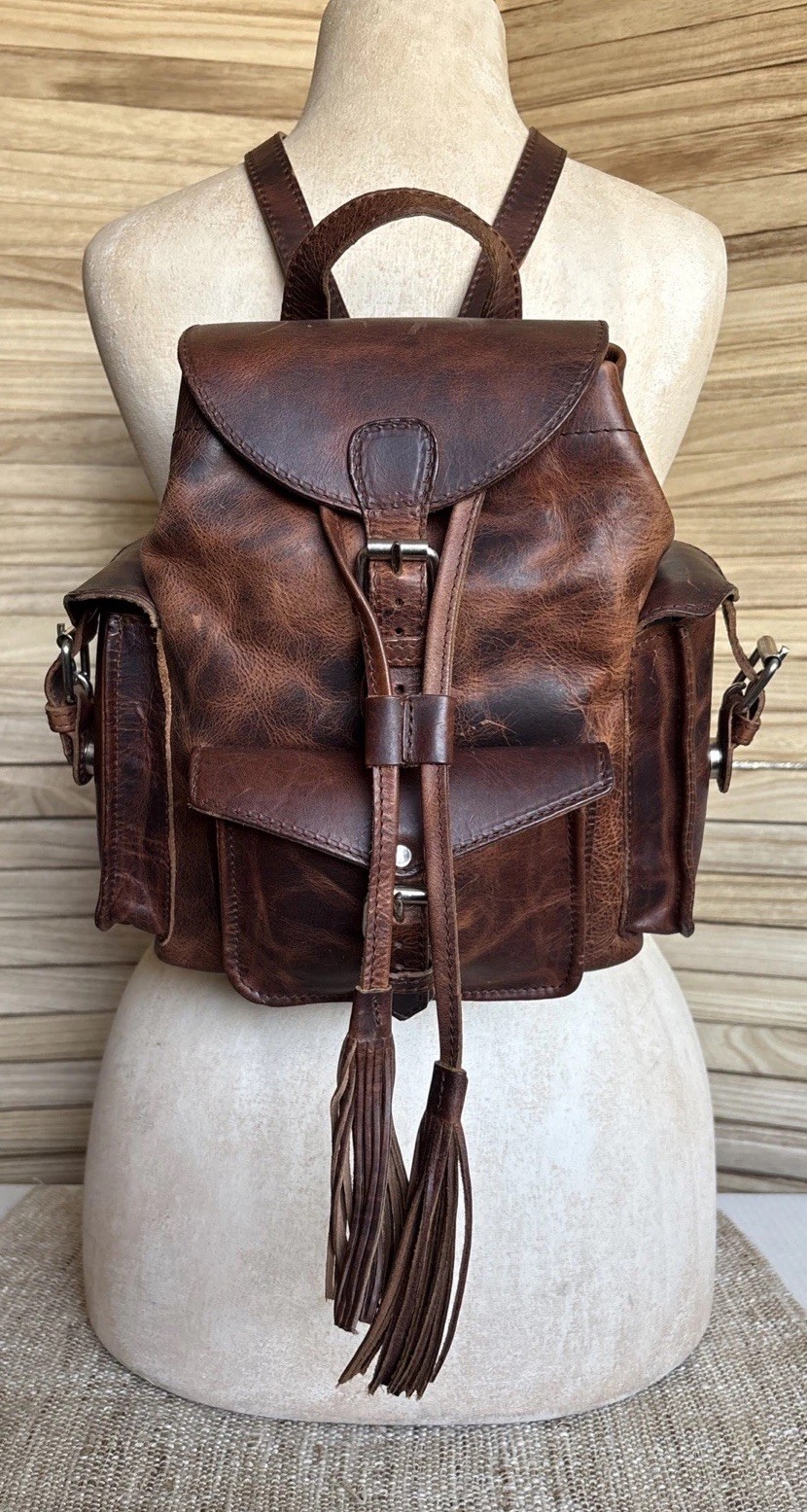 FREE BIRD-Brett Brown Distressed Leather Drawstring Backpack Pockets-Tassels EUC