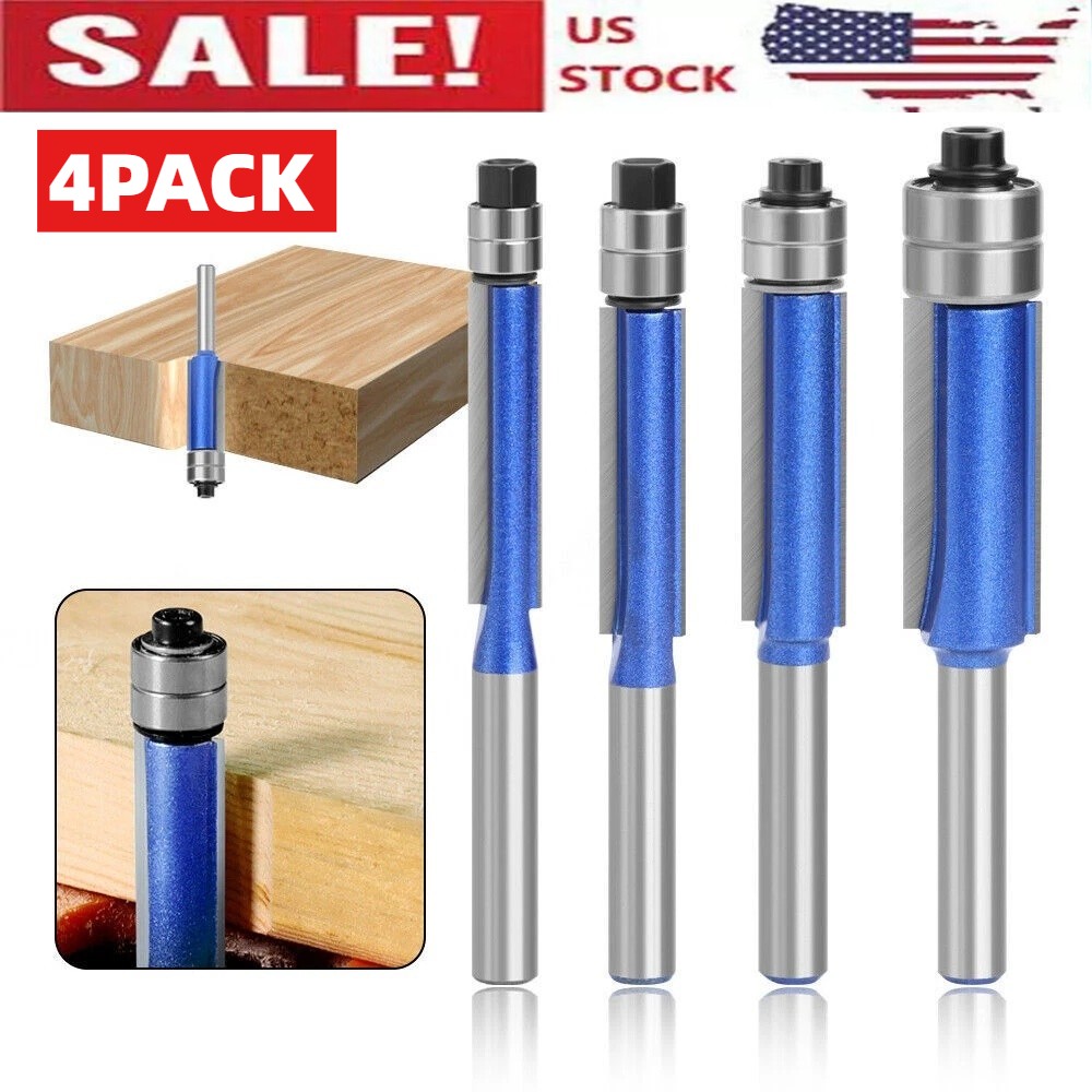 4PC 1/4" Shank Flush Trim Router Bit Set Top Bearing Woodworking Template Cutter