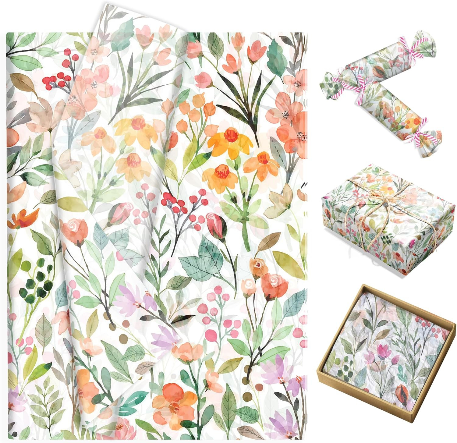 100 Sheets Colorful Floral Tissue Paper Gift Wrapping Supplies Watercolor Flower