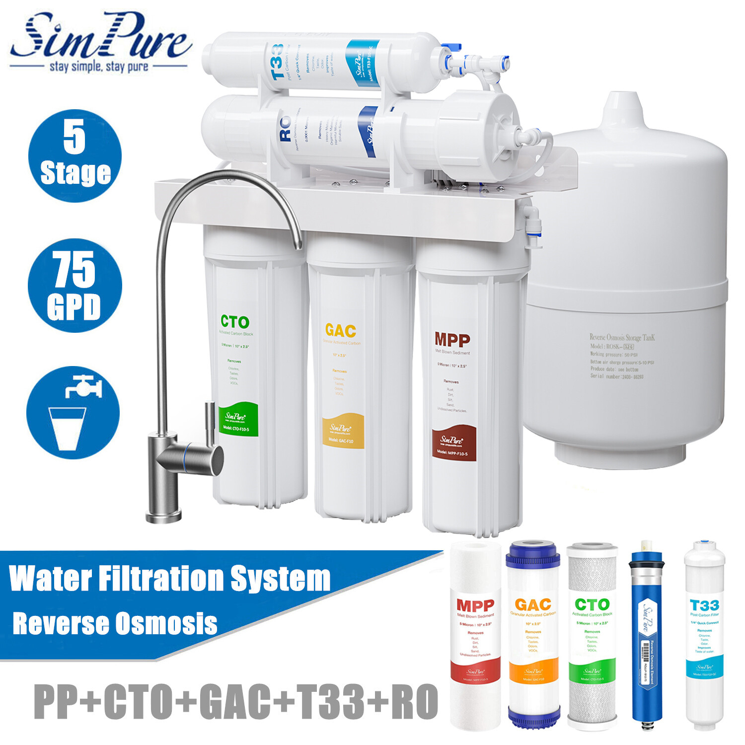 5 Stage Undersink Reverse Osmosis Water Filter System 75 GPD Membrane Filter