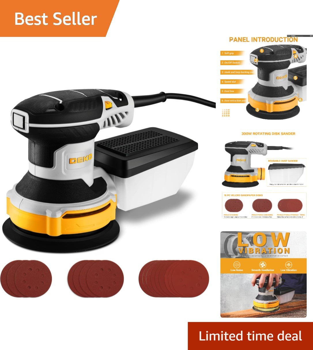 Electric 5" Random Orbital Sander - 6 Speeds for Woodworking & Metal Finishing