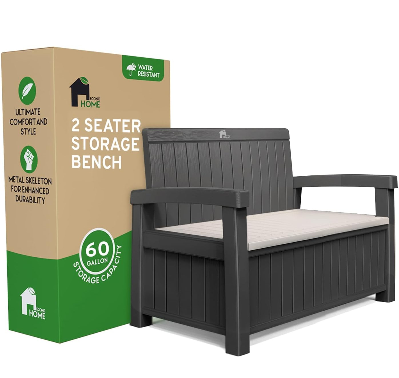 2 Seat Outdoor Storage Bench - 60 Gallon Capacity - Weatherproof