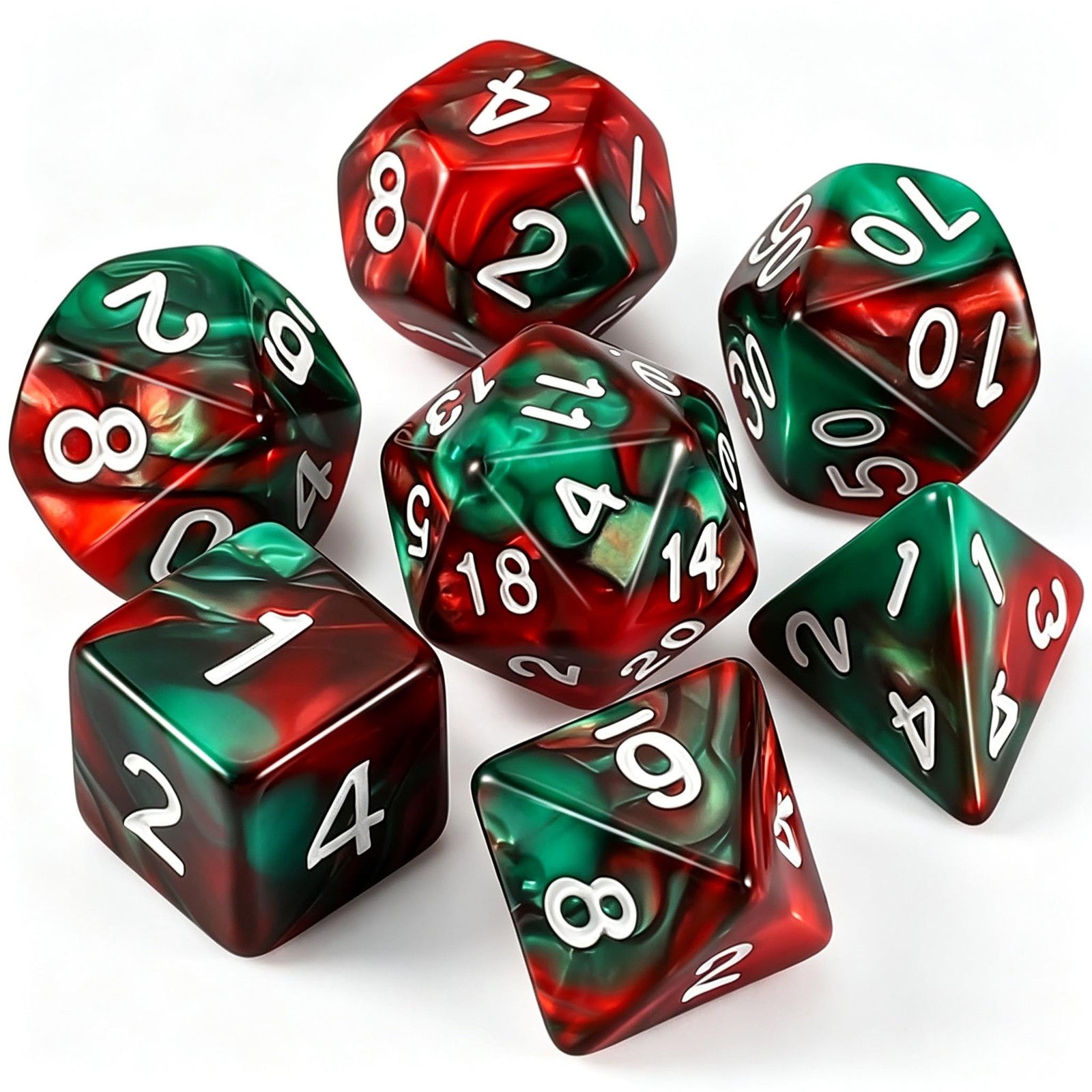 DND Dice Set - Polyhedral Dice (Red Mix Green) 7 Pcs for Dungeon and Dragons D&D