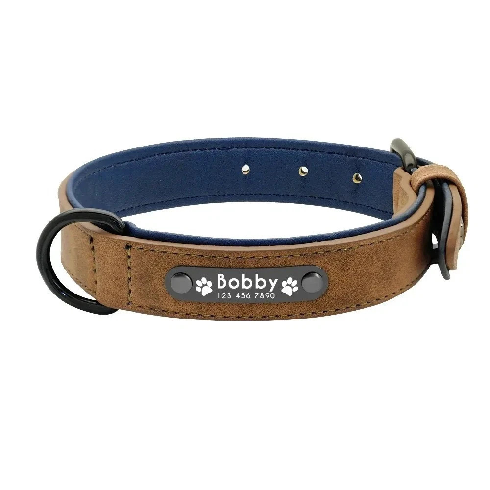 Soft Leather Personalised Dog Collar Custom ID Name for Small Medium Large Dogs