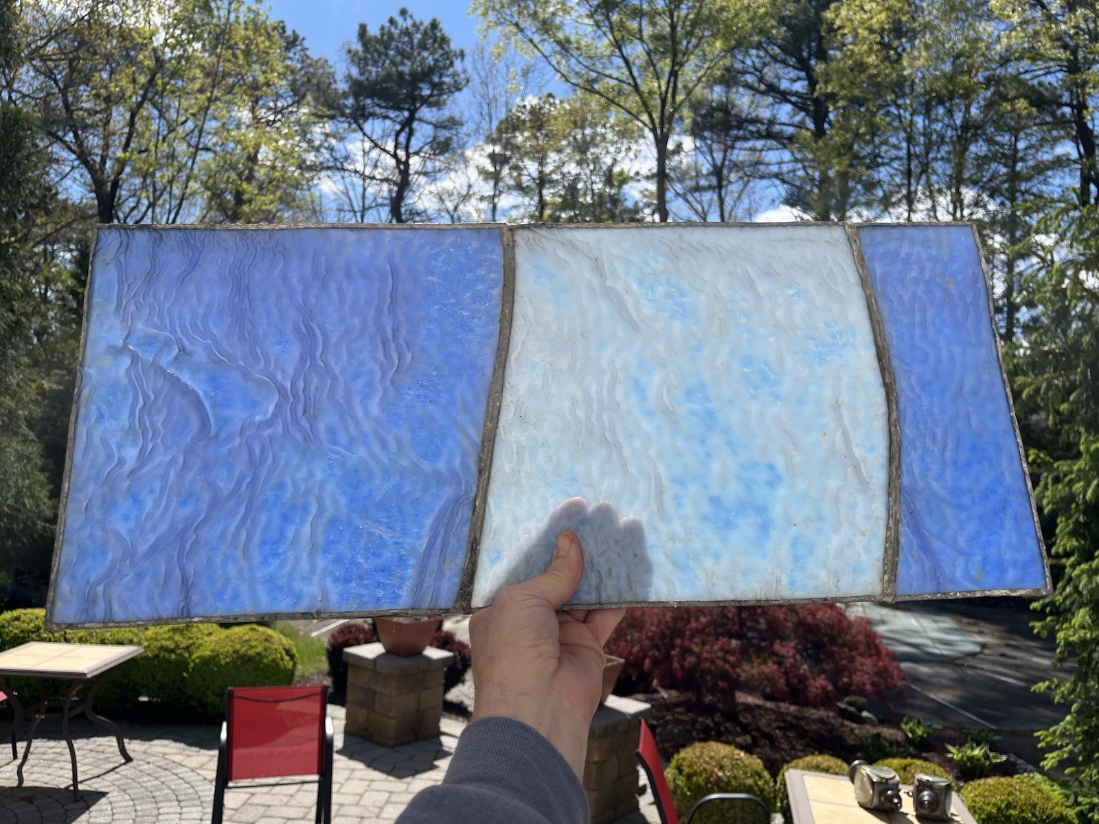 Antique Architectural Salvaged Stained Glass Blue Leaded Panel - 24" x 10
