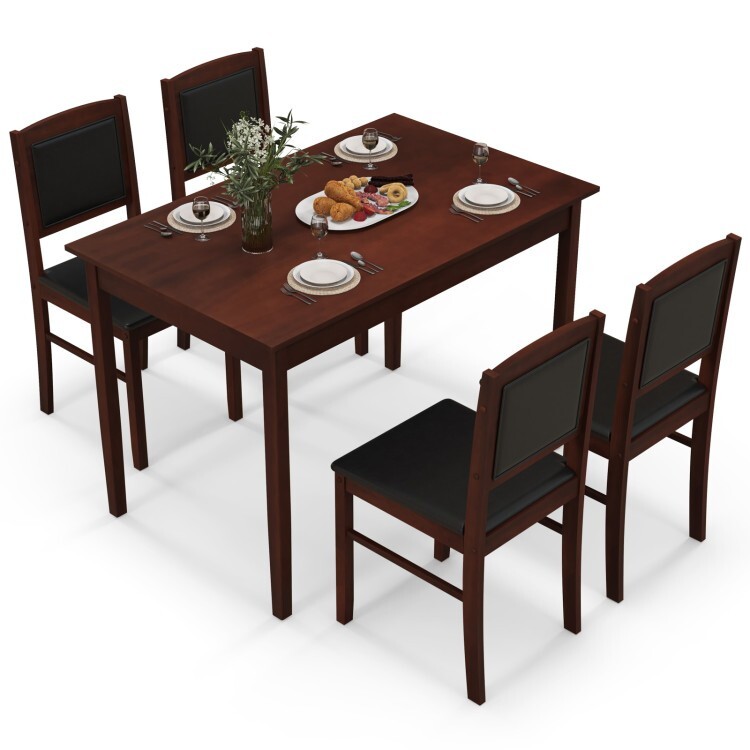 5-Pcs Restaurant Rectangular Dining Table Set 4 Person & 4 Chair Rubber Wood Leg