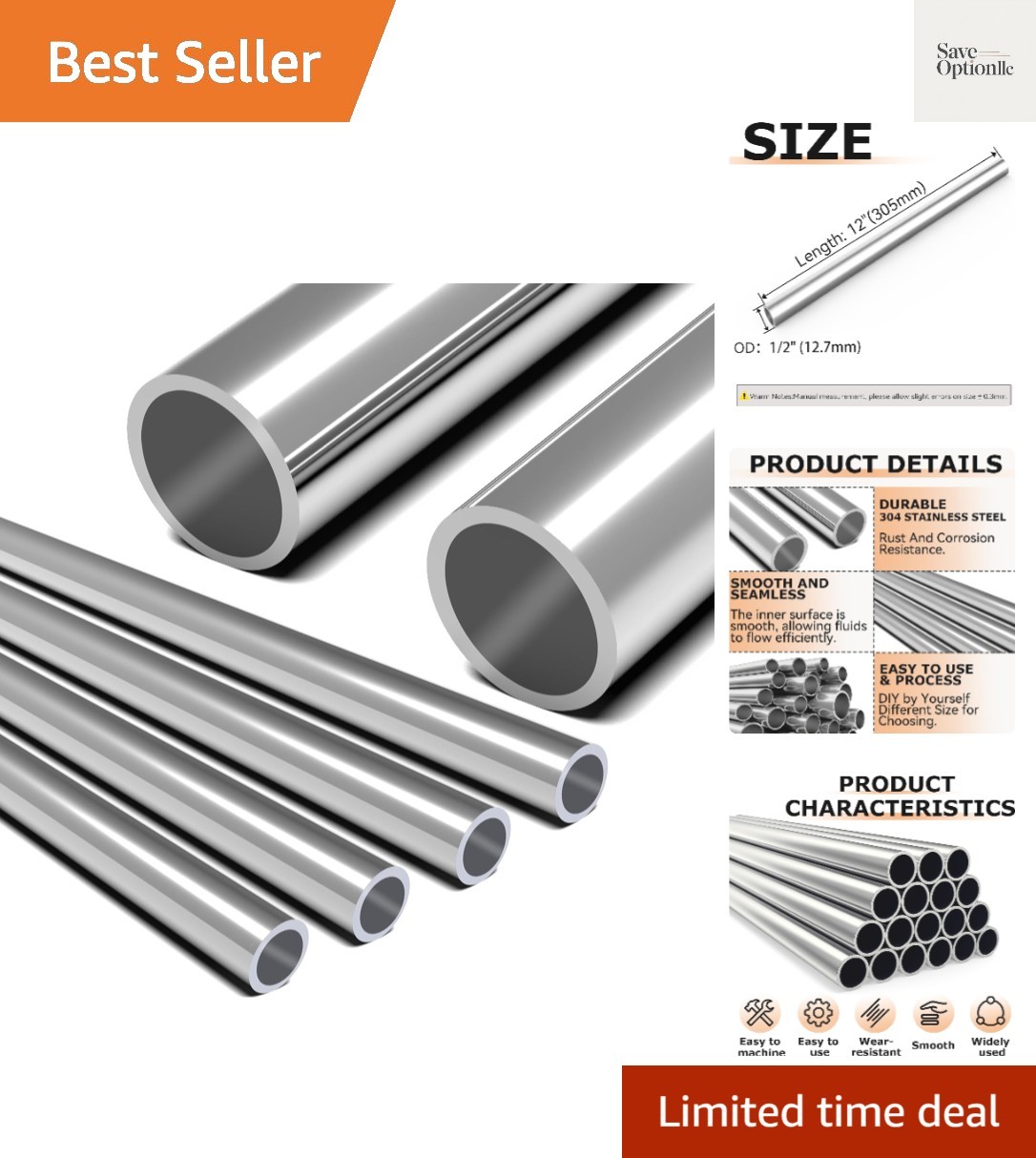 4Pcs 304 Stainless Steel Tubing 1/2"12.7mm ODx12"305mm | Round Metal Tube Thi