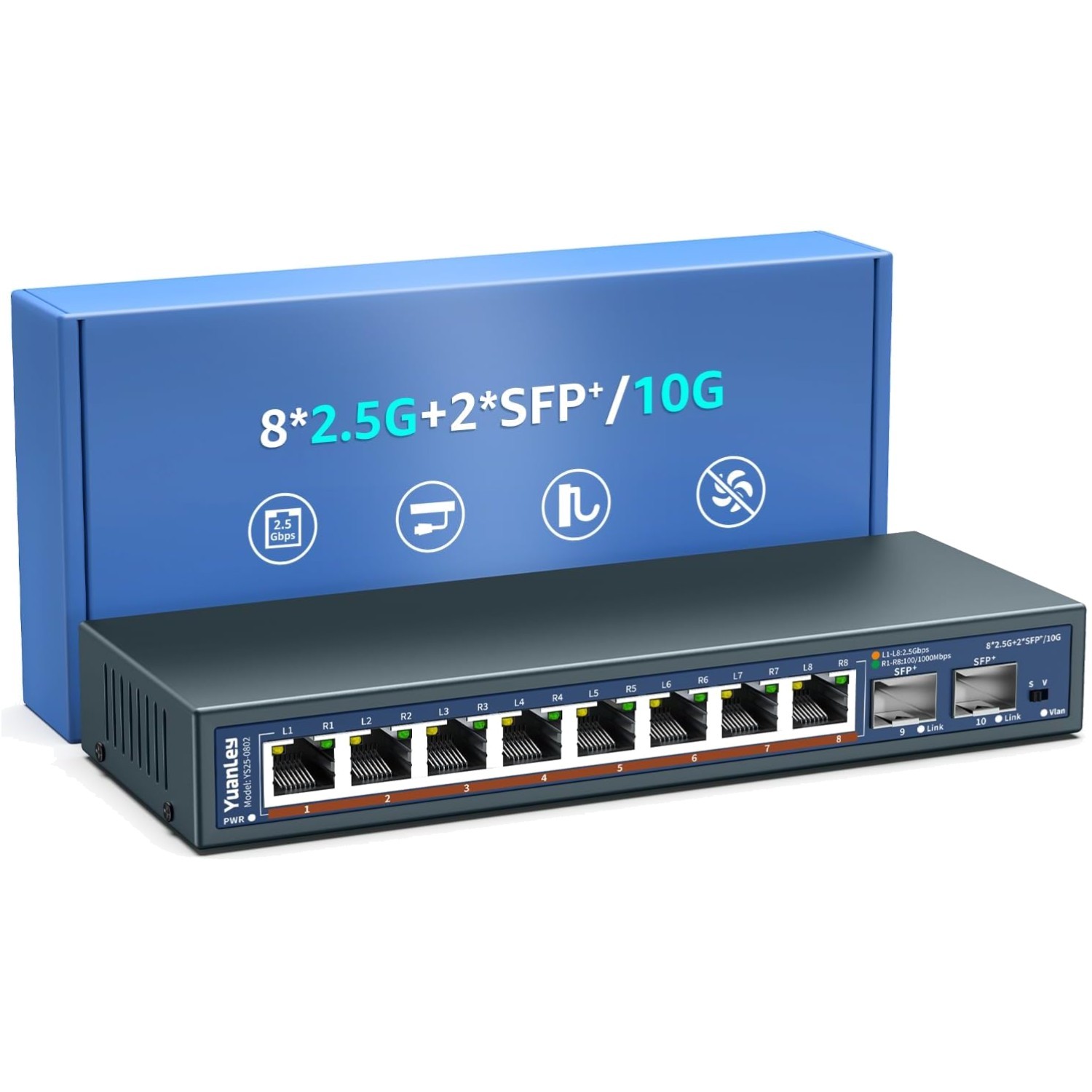 10-Port Fanless 2.5G Ethernet Switch with VLAN & 80Gbps Capacity for Home Office