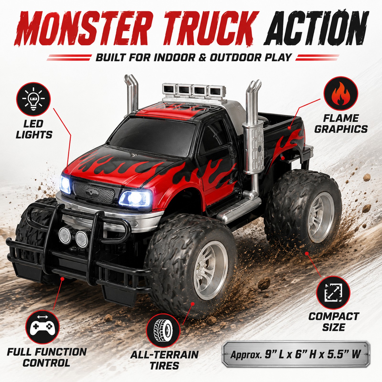 RC Monster Truck Red Flame Graphics Extreme Off Road Toy Vehicle