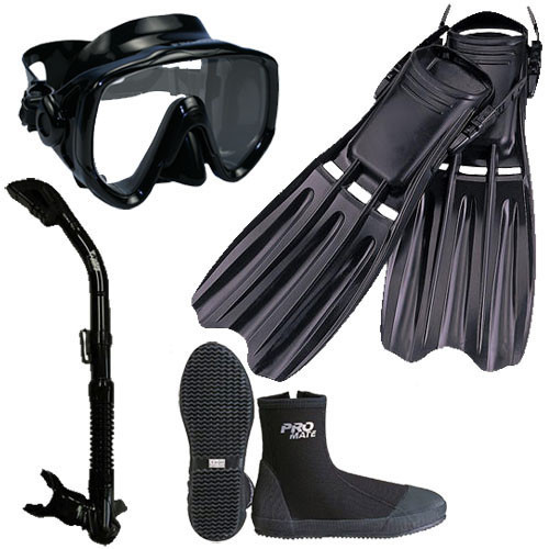 Scuba Dive Mask Dry Snorkel Boots Fins Gear Package Set