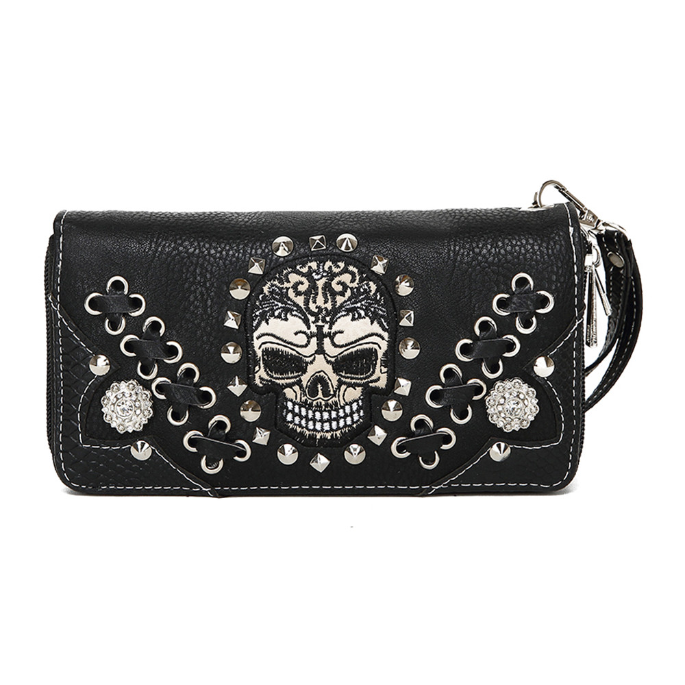 Punk Gothic Skull Art Rivet Studded Biker Purse Women Travel Backpack Wallet Set