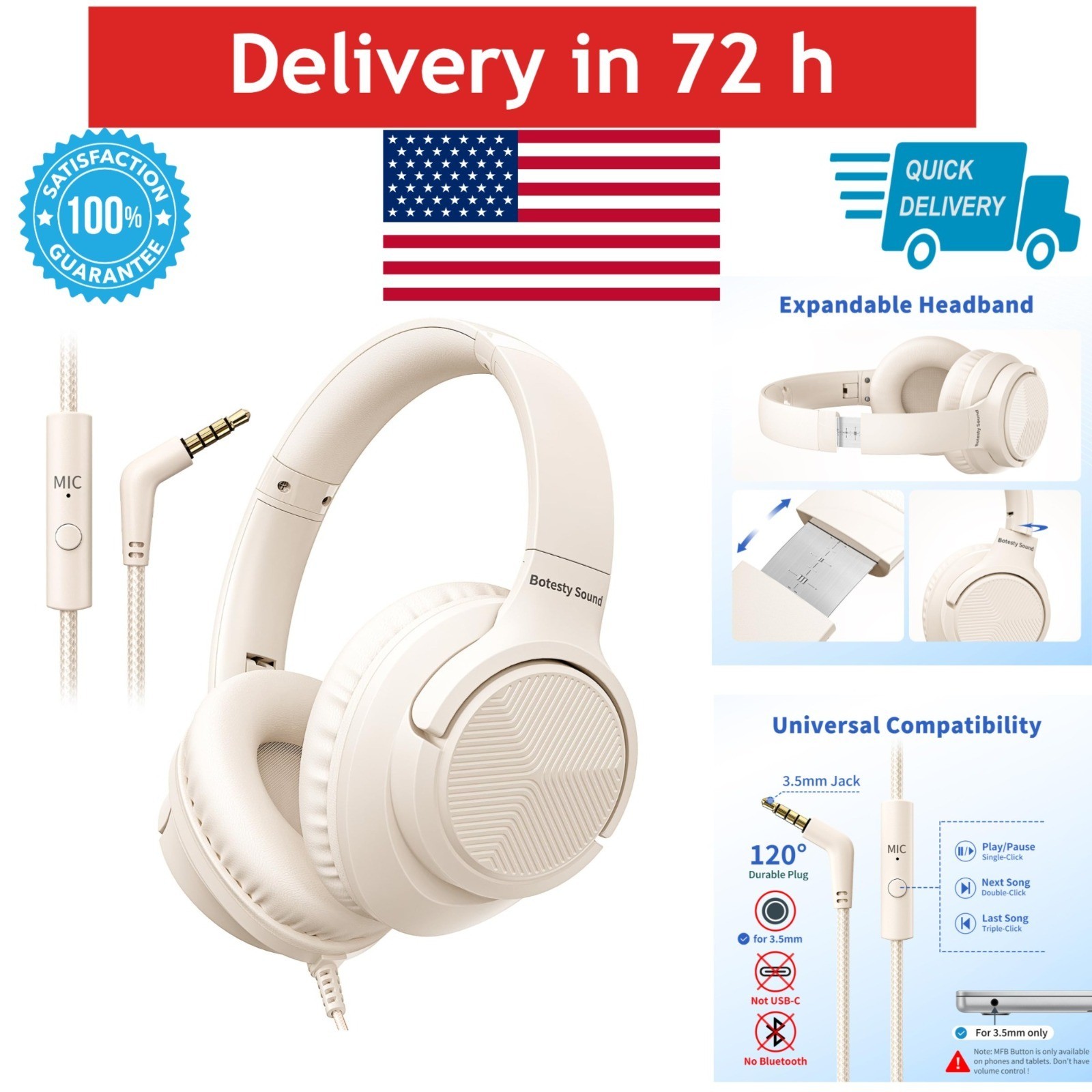 Botesty Sound Wired Headphones with Microphone, Over Ear, Beige