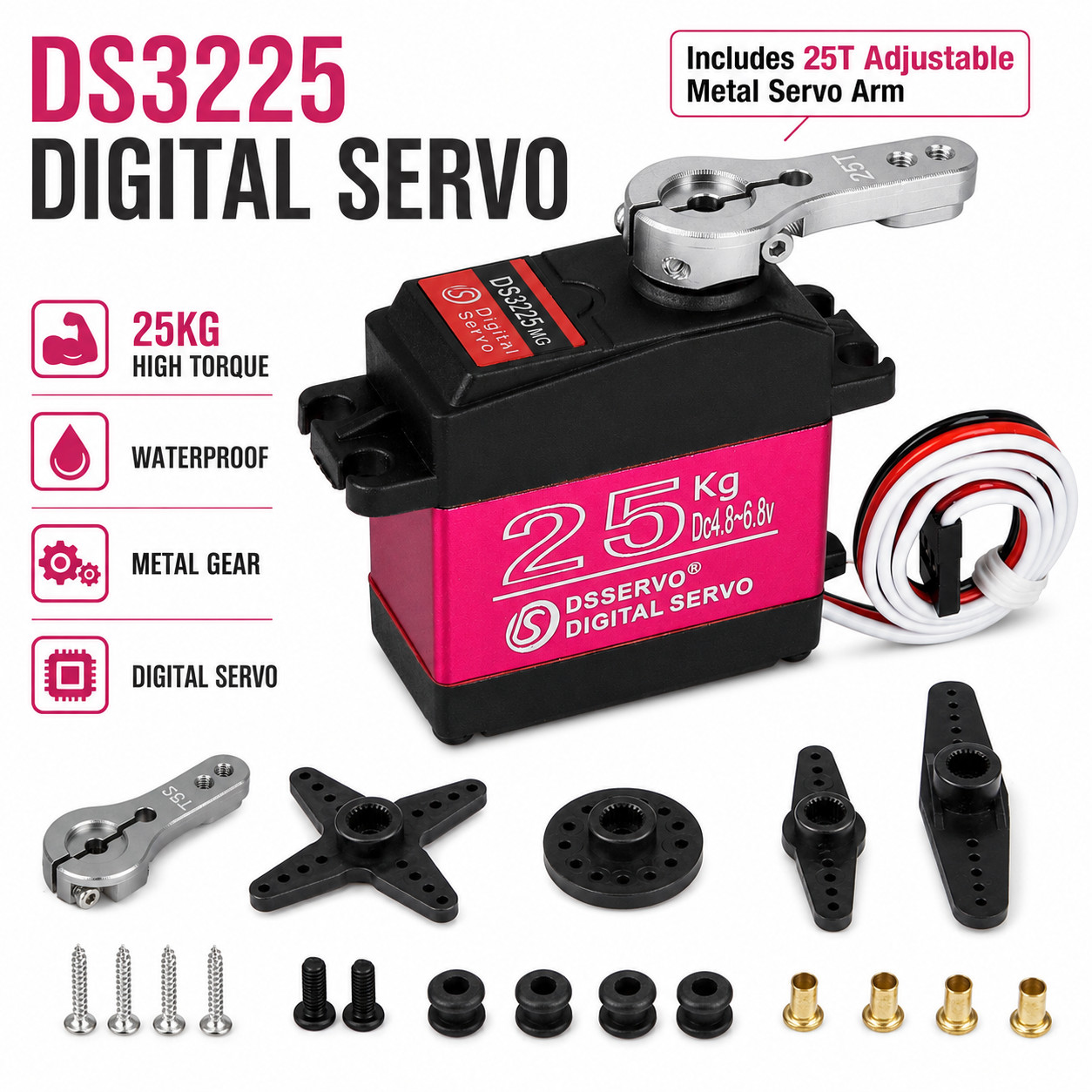 25KG Digital Servo Metal Gear High Torque &Speed Waterproof for 1/8 1/10 RC Car