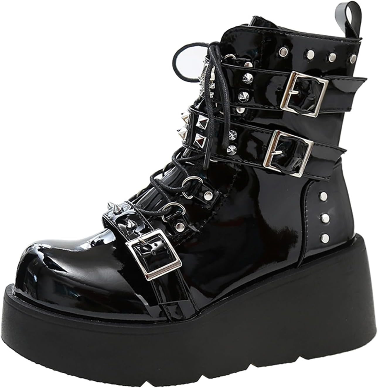 Women'S Platform Gothic Ankle Booties with Adjust Studded Metal Buckle Fashion Y