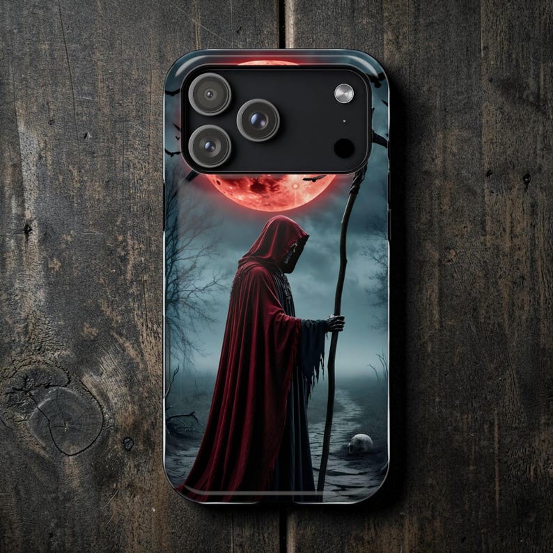 Grim Reaper Phone Case For iPhone 11-17 Shockproof Blood Moon Gothic Scythe Case