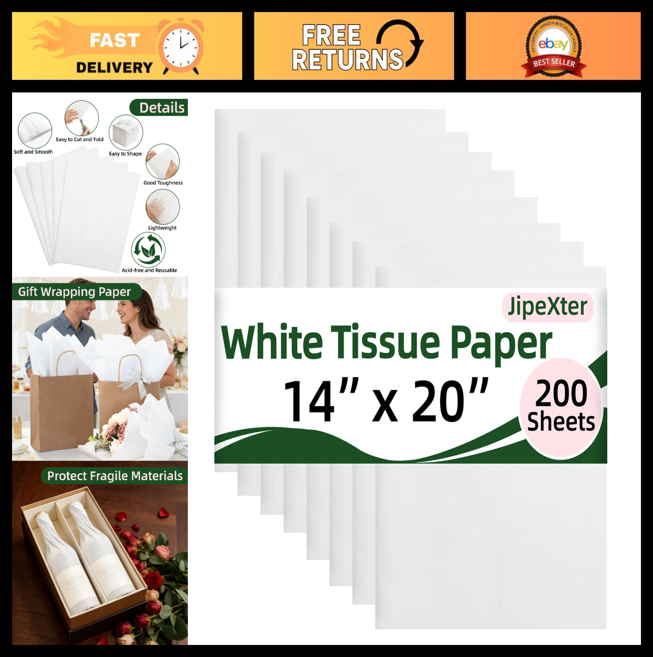 200 Sheets White Tissue Paper 14x20" - Gift Wrapping, DIY Crafts, Party Supplies